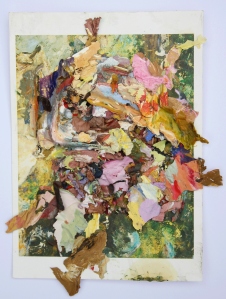 On Black Brook, Dried acrylic paint flakes collaged onto postcard, 2013